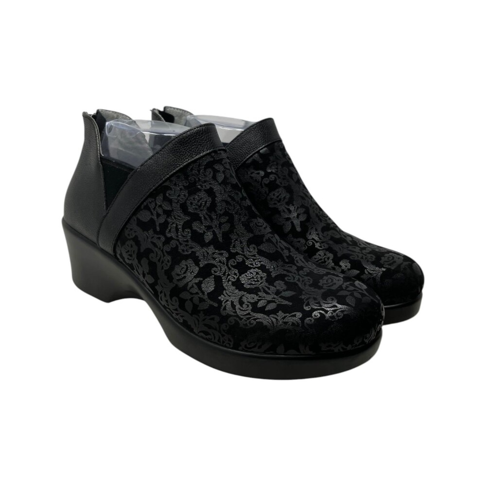Alegria Boots Womens Size 7.5 Black Floral Embossed Leather Natalie Ankle Wedge